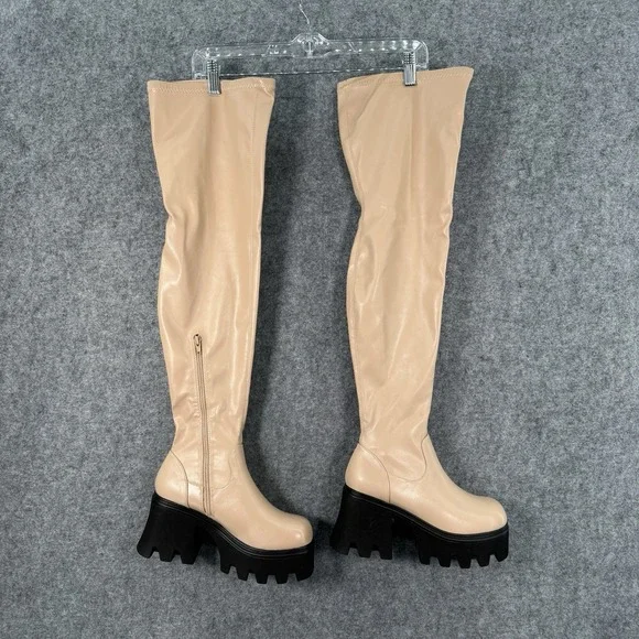 Loverboy Boots Womens 6.5 Over The Knee Block Heel Platform Side Zip Nude Chunky