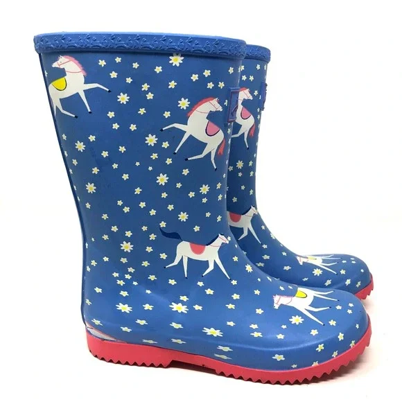 Joules Welly Rain Boots Girls 1 Horse Floral Blue Waterproof Outdoor Play