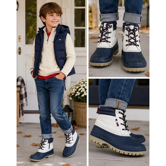 Tommy Hilfiger Kids Navy White Duck Boots Size 13 Zip Up Winter Snow Shoes