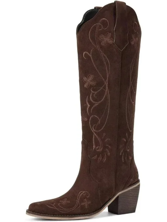 Women's Chocolate Floral Knee High Cowgirl Boots Embroidered Pointed Chunky Heel