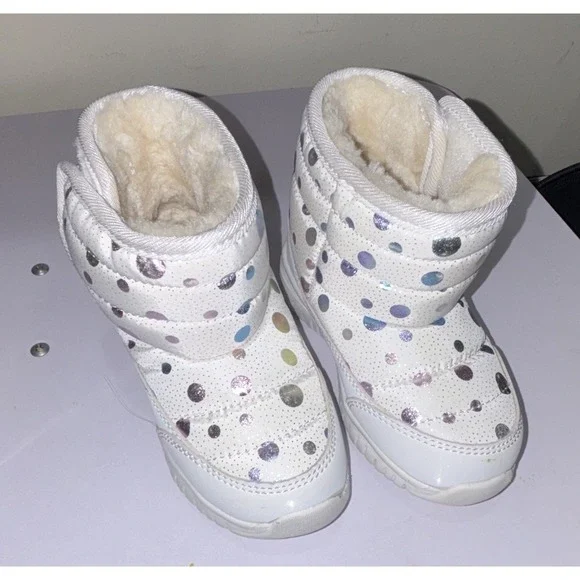 HOBIBEAR Unisex Kids Snow Boots White Polka Dot Faux Fur Lined Hook & Loop 6