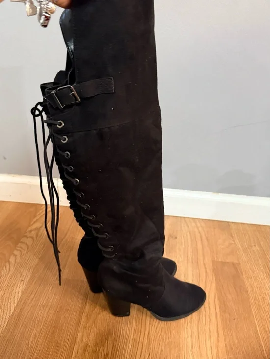 Women's Black Over-the-Knee Lace-Up Buckle Boots