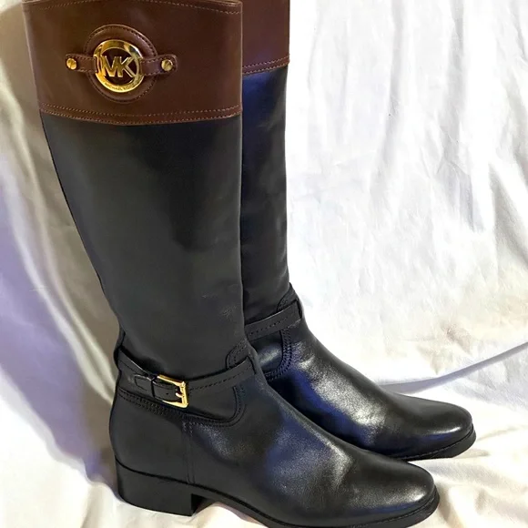 Michael Kors Black and Brown Tall Leather Riding Boots