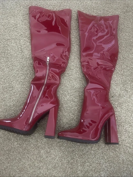 Patent Over-the-Knee Block Heel Boots in Wine Red