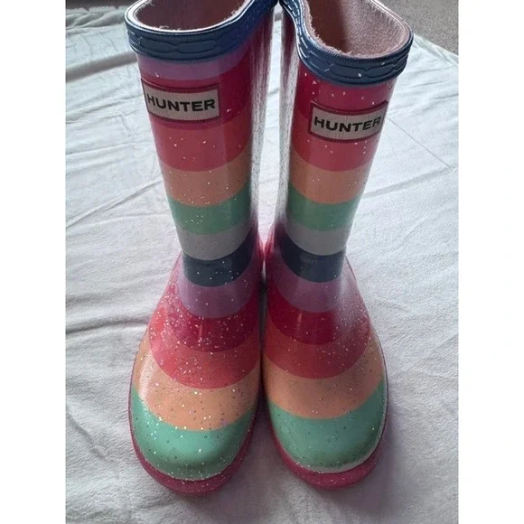 Hunter Kids First Classic Rainbow Glitter Rain Boots Multi Color Stripe UK 11
