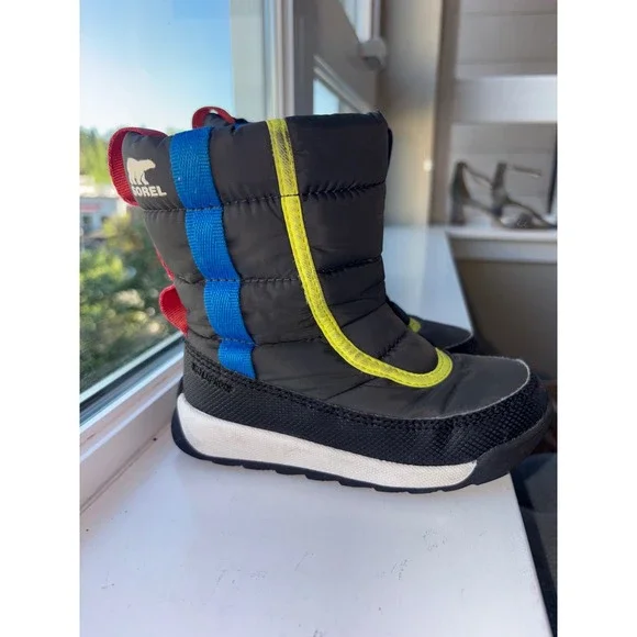 Sorel Whitney II Puffy Mid Snow Boots Waterproof Insulated Kids Black Multi