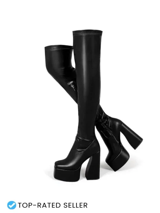 Chunky Block Heel Over The Knee Boots Square Toe Stretch PU Leather Thigh High