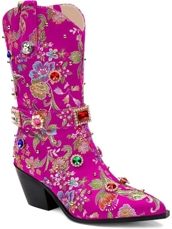 Women's Purple Western Floral Embroidery Rhinestone Sparkly Cowgirl Mid Calf Boo
