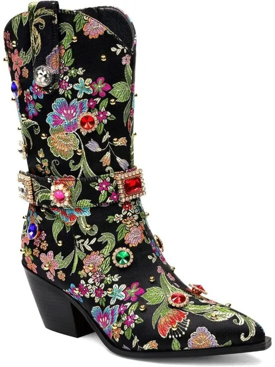 Women's Black Western Floral Embroidery Rhinestone Sparkly Cowgirl Mid Calf Boot