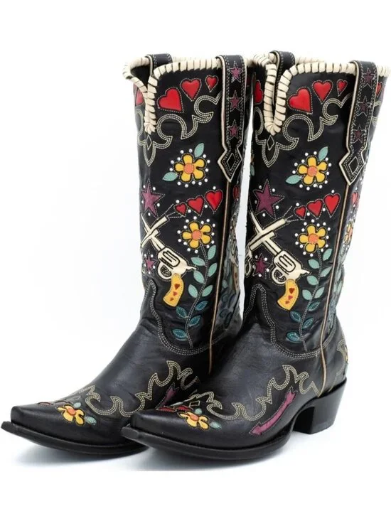 Women's Black Swallow Chunky Low Heels Western Cowboy Knee High Boots