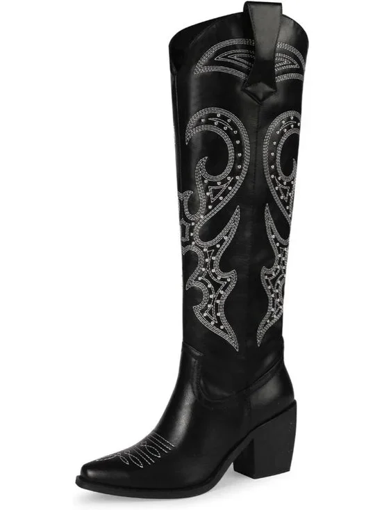 Women's black Western Knee High Cowgirl Boots Zipper Convenience Casual Wear