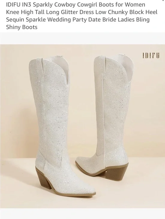 White Sparkle Knee-High Cowboy Boots