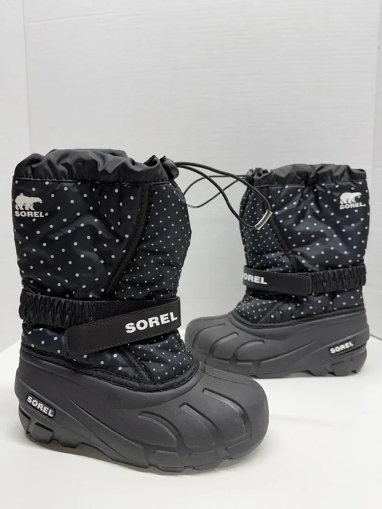 Sorel Flurry Snow Winter Boots Polka Dot Black White Youth Kids Girls Size 2