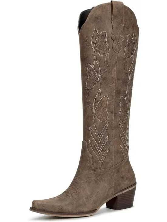 Women's Brown Butterfly Knee  Boots Embroidered Pointed Toe Chunky Heel