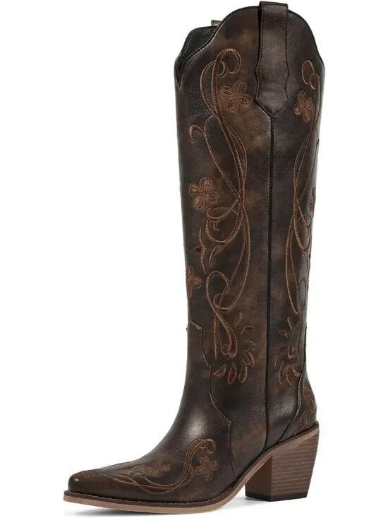 Women's Vintage Brown Knee High Cowgirl Boots Embroidered Pointed Toe ChunkyHeel