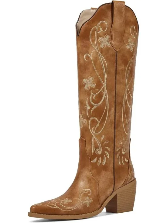 Women's Floral Brown Knee High Cowgirl Boots Embroidered Pointed Toe Chunky Heel