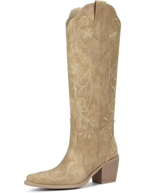 Women's Apricot Floral Knee High Cowgirl Boots Embroidered Pointed Chunky Heel