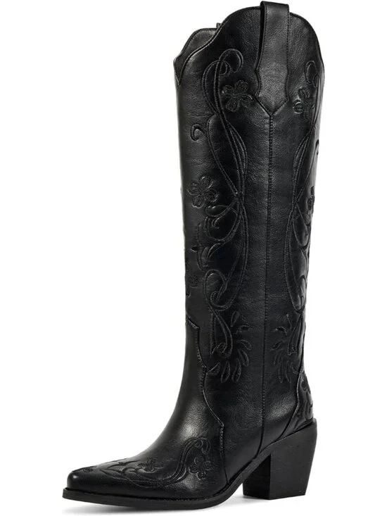 Women's Black Floral Knee High Cowgirl Boots Embroidered Pointed Toe Chunky Heel