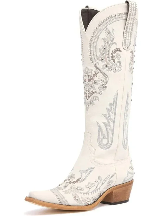 Women's Cream Knee High Embroidered Rhinestones Chunky Heel Tall Boots