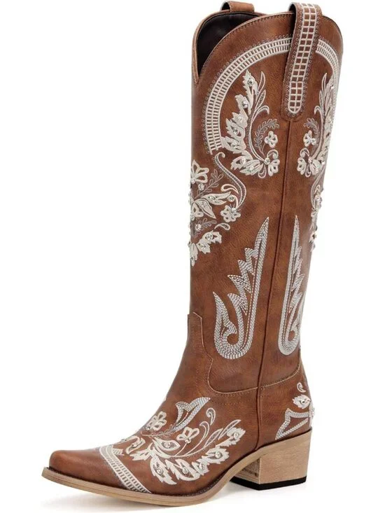 Women's Brown Knee High Embroidered Rhinestones Chunky Heel Tall Boots