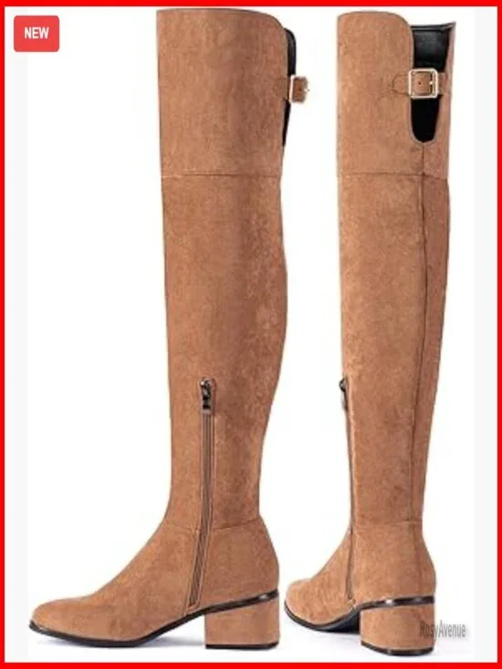 Faux Suede Over the Knee Boots 2 Inch Block Heel Side Zipper Office Casual
