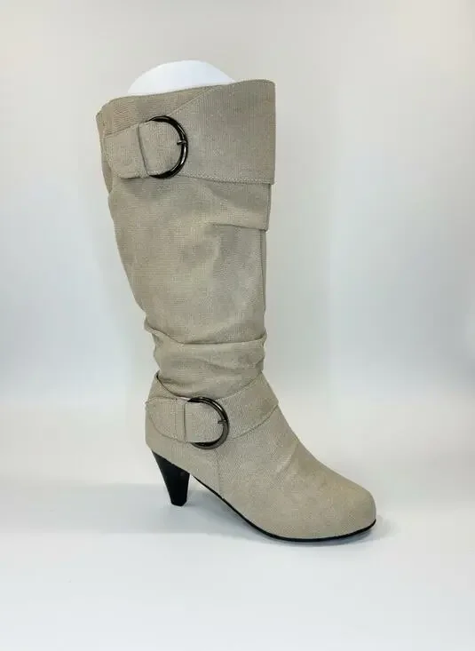 Women’s Suede Slouchy Knee High Boots Brown Buckle Kitten Heel EU 41 Fits US 8.5