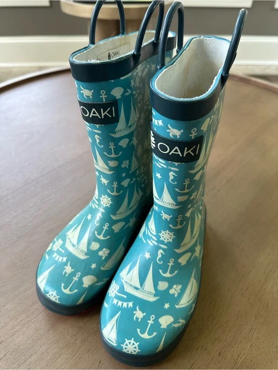 OAKI Nautical Print Rain Boots, Size 2 Big Kid