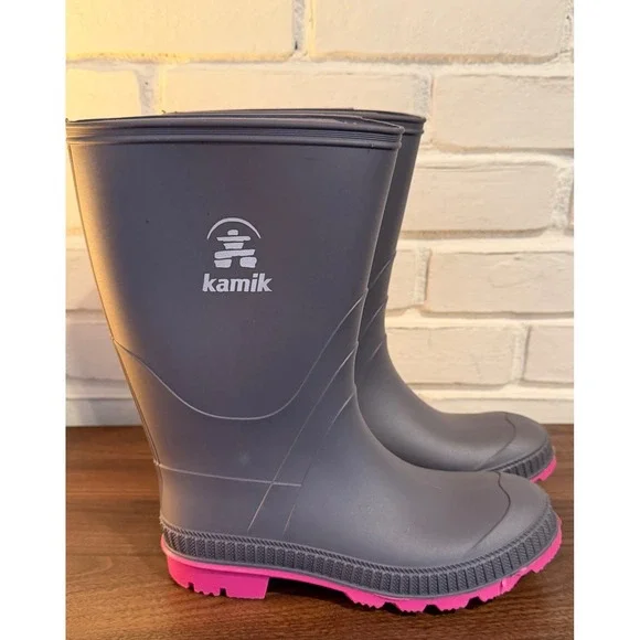 Kamik Kids Gray Pink Stomp Waterproof Rubber Rain Boots Size 4 Lug Sole Slip On
