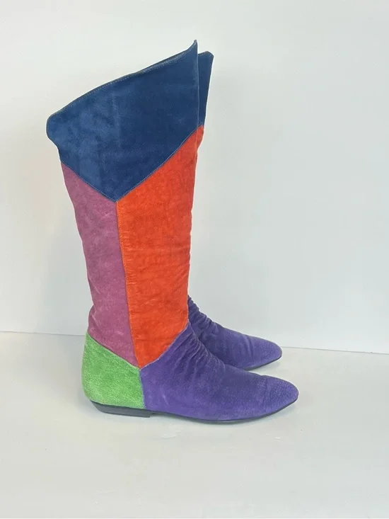 Vintage Bootalinos Multicolor Low Heels Slanted Hi Lo Suede Leather Boots Size 7