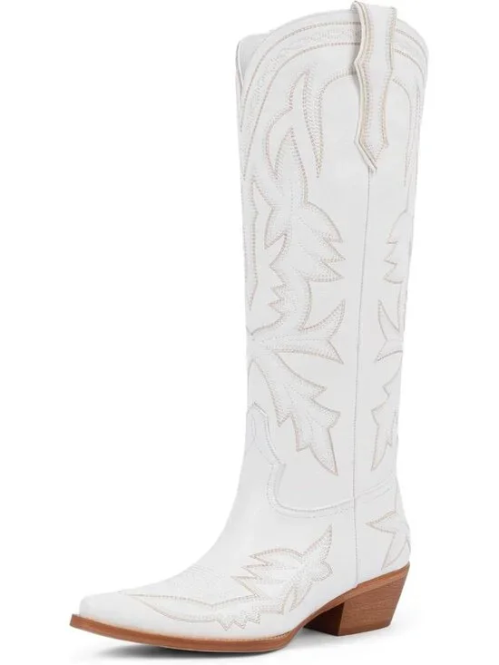 Women's White Knee High Boots Embroidered Pull on Pointed Toe Chunky Heel