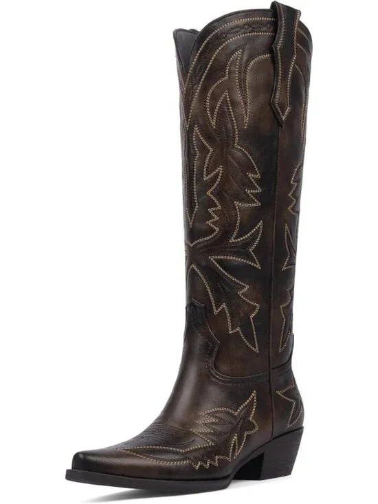 Women's Retro Brown Knee High Boots Embroidered Pull on Pointed Toe Chunky Heel