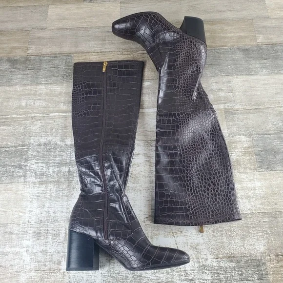 Franco Sarto Talfer Womens Knee-High Boots Sz 7‎ M Brown Croc Print Side Zipper