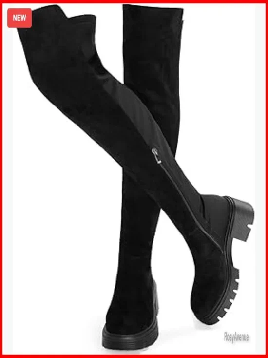 Platform Over The Knee Boots Stretch Suede Chunky Heel Zip