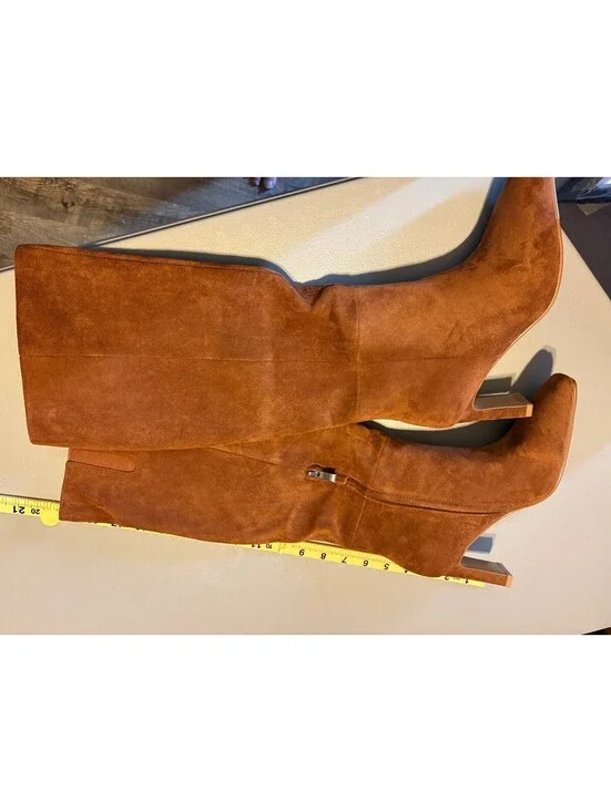 YP Women's Brown Suede Knee-High Boots with Side Zipper and Block Heel