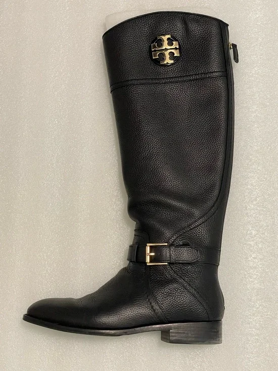 Tory Burch Black Leather Over-the-Knee Riding Boots with Gold Logo