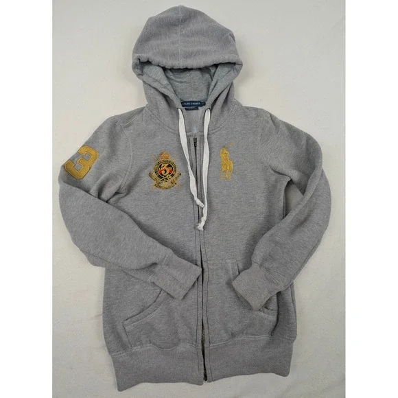 Ralph Lauren Kids Gray Big Pony Crest Full Zip Hoodie Gold Embroidery Size S