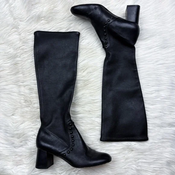 Coach Britney Leather Knee High Tall Studded Sock Boot Heeled Black Size 6