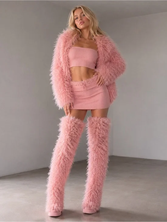 Azalea Wang TEMPLETON Pink Furry Thigh-High Boots – NIB 💕✨
