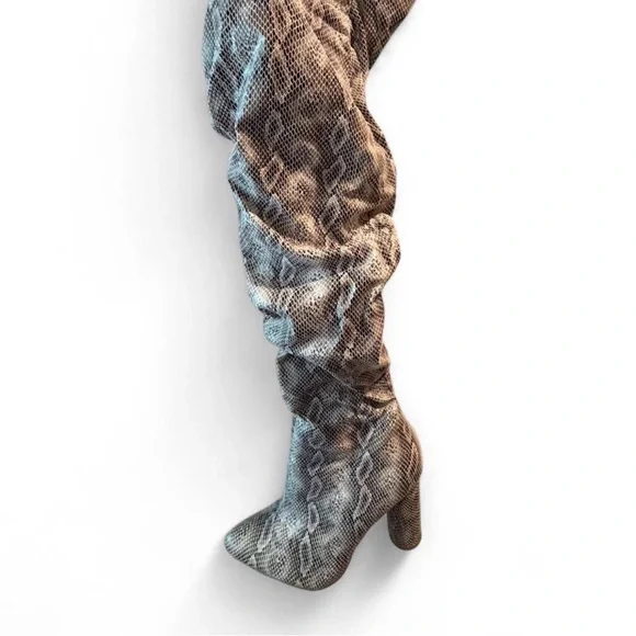 Fashion Nova Snake-Print Over-the-Knee Boots - Gray Beige