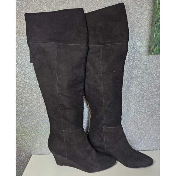 Nine West Black Suede‎ Over The Knee Wedge Boots Women's 11 M