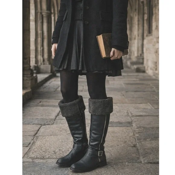 Women's Black Knee-High Winter Boots Shearling Cuff Flat Moto Utility‎ Size 9