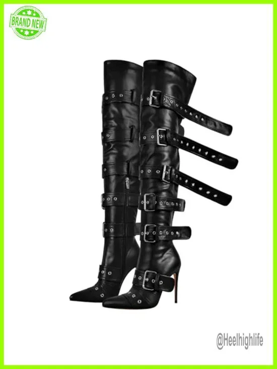 Multi-Buckle Strap Over the Knee Pointed Toe Stiletto Heeled Boots