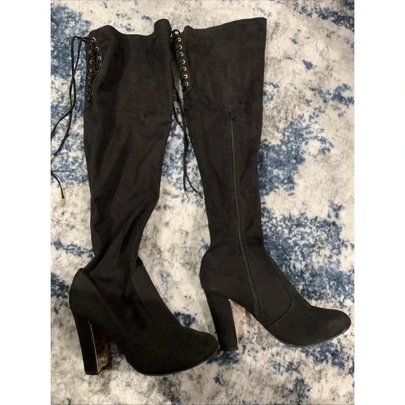 MATERIAL GIRL BLACK FAUX SUEDE OVER THE KNEE TIE BACK ‎ ZIPPER BOOTS Size 9 1/2