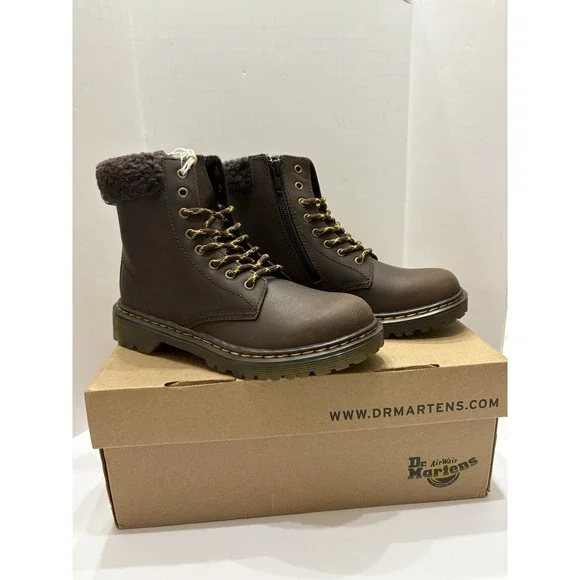Dr Martens Kids‎ Collar Faux Fur Brown Boots Size 2 NIB
