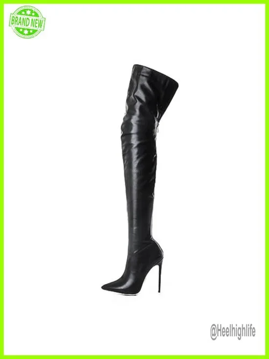 Faux Leather Pointed Toe Over the Knee High Boots Stiletto Heel Back Zipper