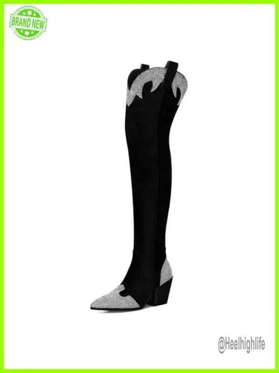 Faux Suede Cowgirl Boots - Rhinestone Thigh High Over The Knee Chunky Heel
