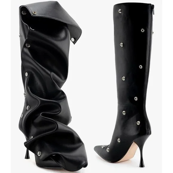 Boots Knee High Women's 9.5 Black Detachable‎ Front Panel 2-Way Stiletto Pointy