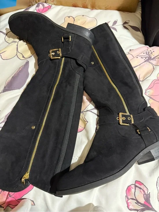 Guess Black Over-the-Knee Suede Boots with Gold Zipper & Buckle