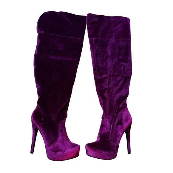 Platform Burgundy Velvet Over The Knee High‎ Heel Boots Size 9.5 Goth Sexy Vamp