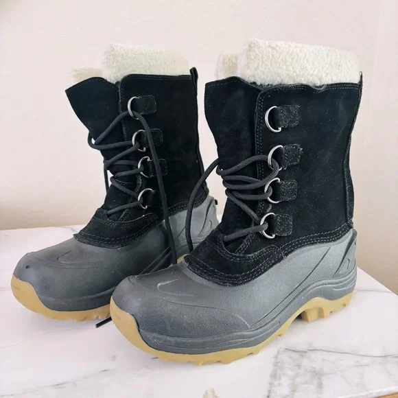 Lands End‎ 394530 Black Leather Rubber Waterproof Insulated Snow Boots Boys 3